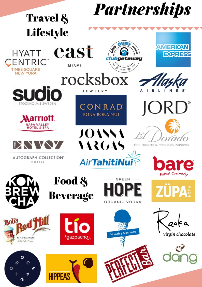 Past Kimia's Kravings partnership logos including travel, lifestyle, food, and beverage brands